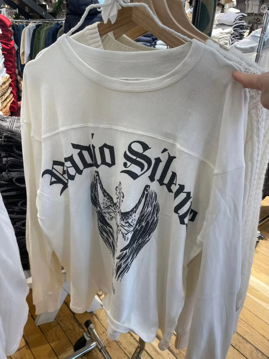 Wing Letter Print T-shirt Woman Spring O-neck Cotton White Long Sleeve Tshirt Female Vintage Streetwear Preppy Style Tee Tops