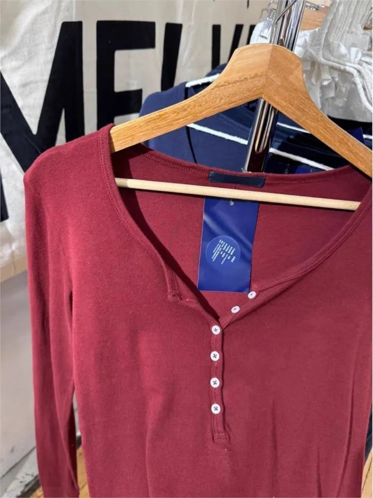 Burgundy Six Buttons T-shirt Woman Autumn Casual O-neck Cotton Slim Long Sleeve Tshirt Streetwear Vintage Simple Basic Tee Tops