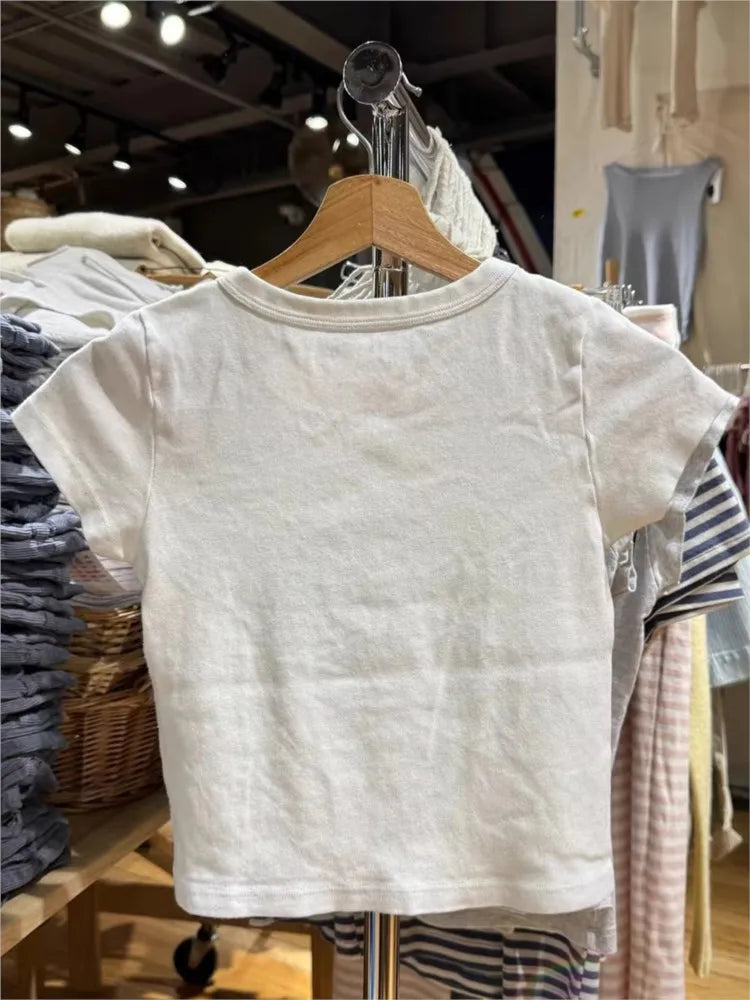 Y2k Graphic Print Slim Crop Tops Women Streetwear O-neck Short Sleeve Cotton Tees Female Summer Vintage Preppy Style Tshirt