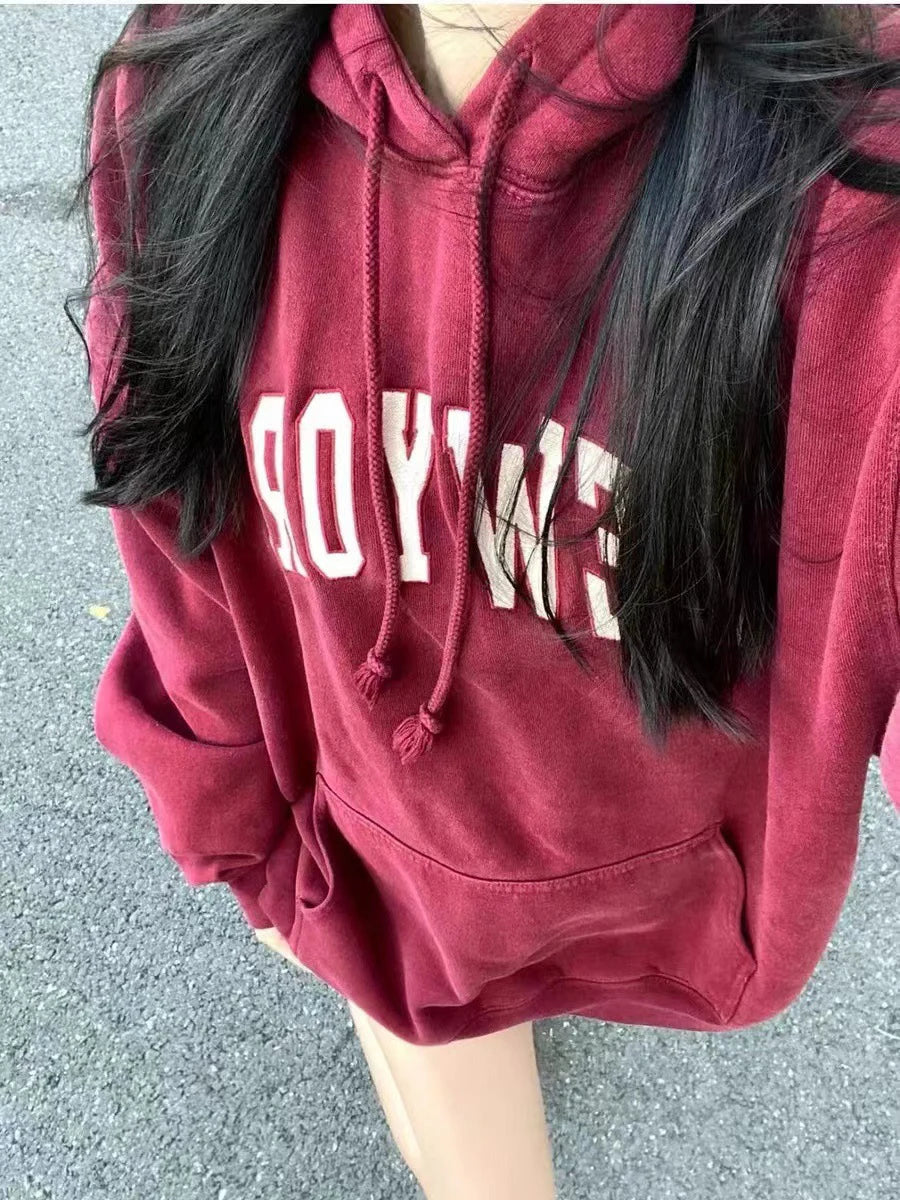 Chic Letter Embroidery Loose Hoodie Women Cotton Casual Streetwear Pocket Drawstring Pullover Top Vintage Sweet Y2K Sweatshirts