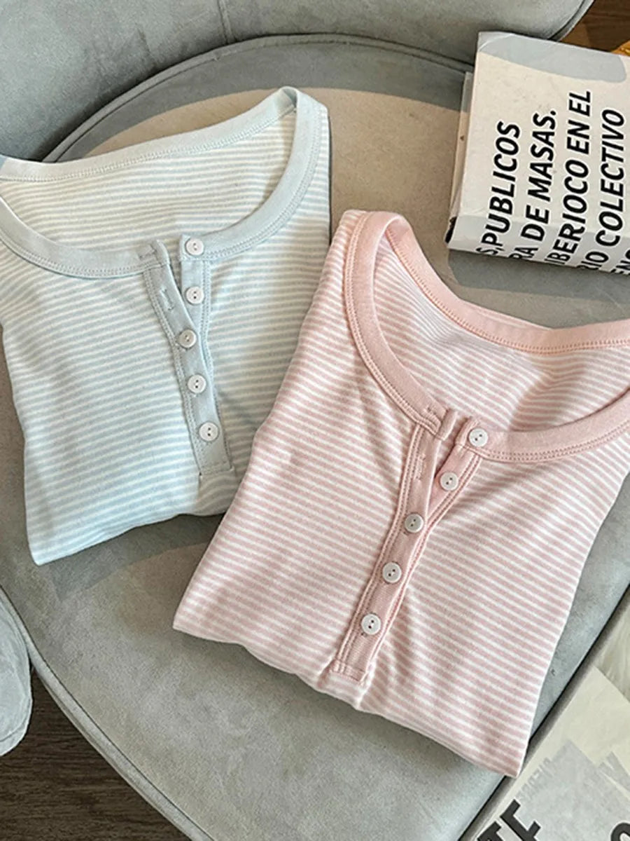 Pink Striped Patchwork Slim T-shirt Women Buttons O-Neck Cotton Long Sleeve Tee Sweet Preppy Style Cute Tshirt Y2K Top Clothes