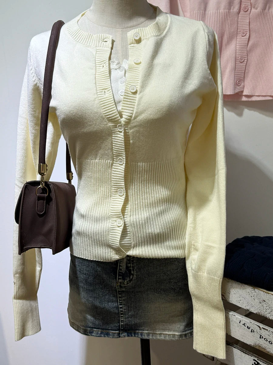 Pink Long Sleeve Knitted Cardigan Women Spring Simple Button Casual Jumper Shoujo Clothes Sweet Cute Preppy Style Sweater Top