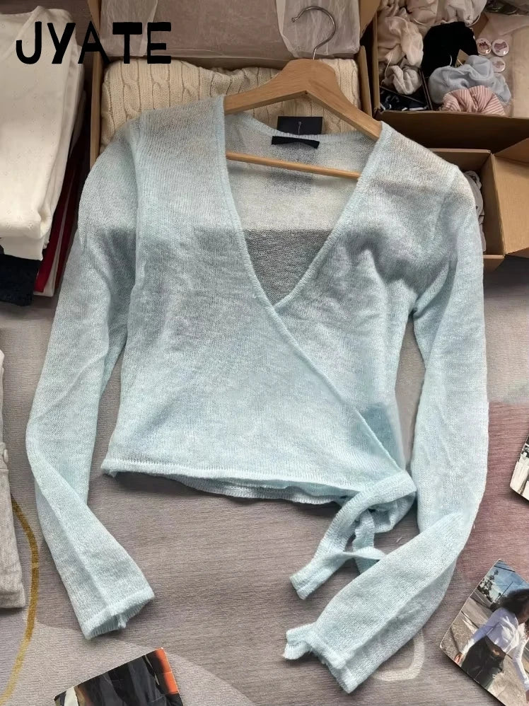 Blue Lace-up Knitted Mohair Sweater Cardigan Women Solid V-neck Cute Long Sleeve Sweaters Sweet Vintage Knitwear Y2K Crop Tops