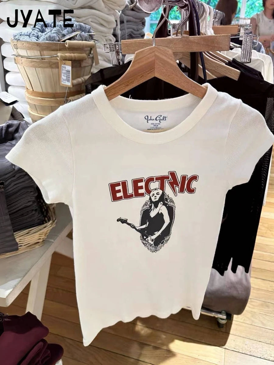Guitarist Print O-neck Slim T-shirts Women New Cotton Street Simple White Short Sleeve Tops Clothes Vintage Chic Casual Tshirt