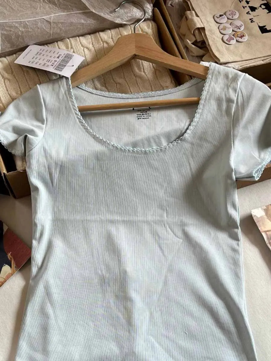 Sweet Crew Neck Solid Short Sleeve Tees Women Summer New Cotton Soft Casual Streetwear Chic Tops Vintage Cute Harajuku T-shirts