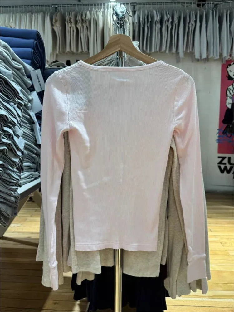 Pink Six Buttons Ribbed Long Sleeve T-shirts Women Spring Round Neck Cotton Slim Tee Top Female Cute Sweet Tshirt Y2k Tops New
