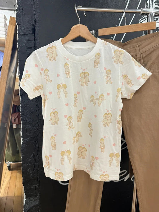 Angel Print T-shirt Pant Pajama Set Woman Short Sleeve Tee+Drawstring Straight Trousers Sweet Cute Cotton Home 2 Piece Sets