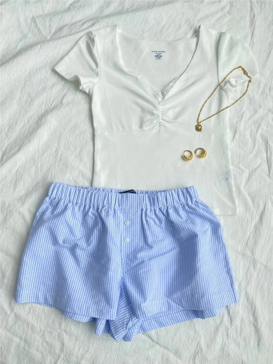 White Lace Trim Short Sleeve Tees+Stripe Shorts Womewn Suit Casual T-shirts Blue Shorts Simple Homewear Outwear Two Piece Outfit