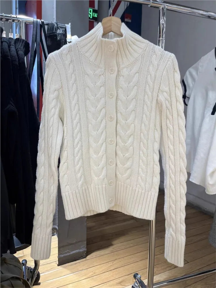 Twisted Flower White Sweater Cardigan Spring Stand Collar Single Breasted Long Sleeve Sweaters Casual Preppy Style Woman's Coat