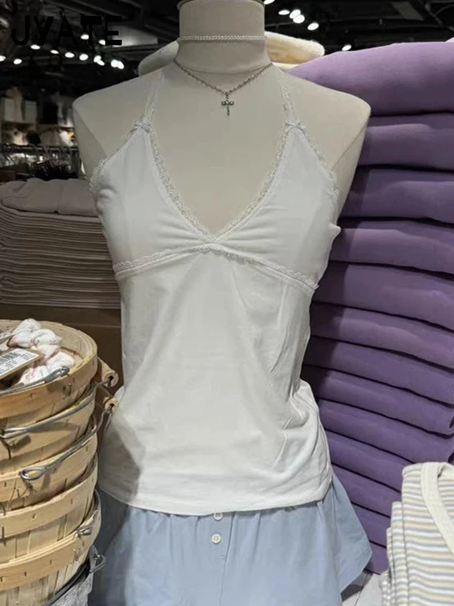 Sweet Lace Trim Halter Tank Tops Woman Summer Cotton Bow Sexy V-neck Slim Casual Cropped Vests Vintage Preppy Style Camisole Y2K