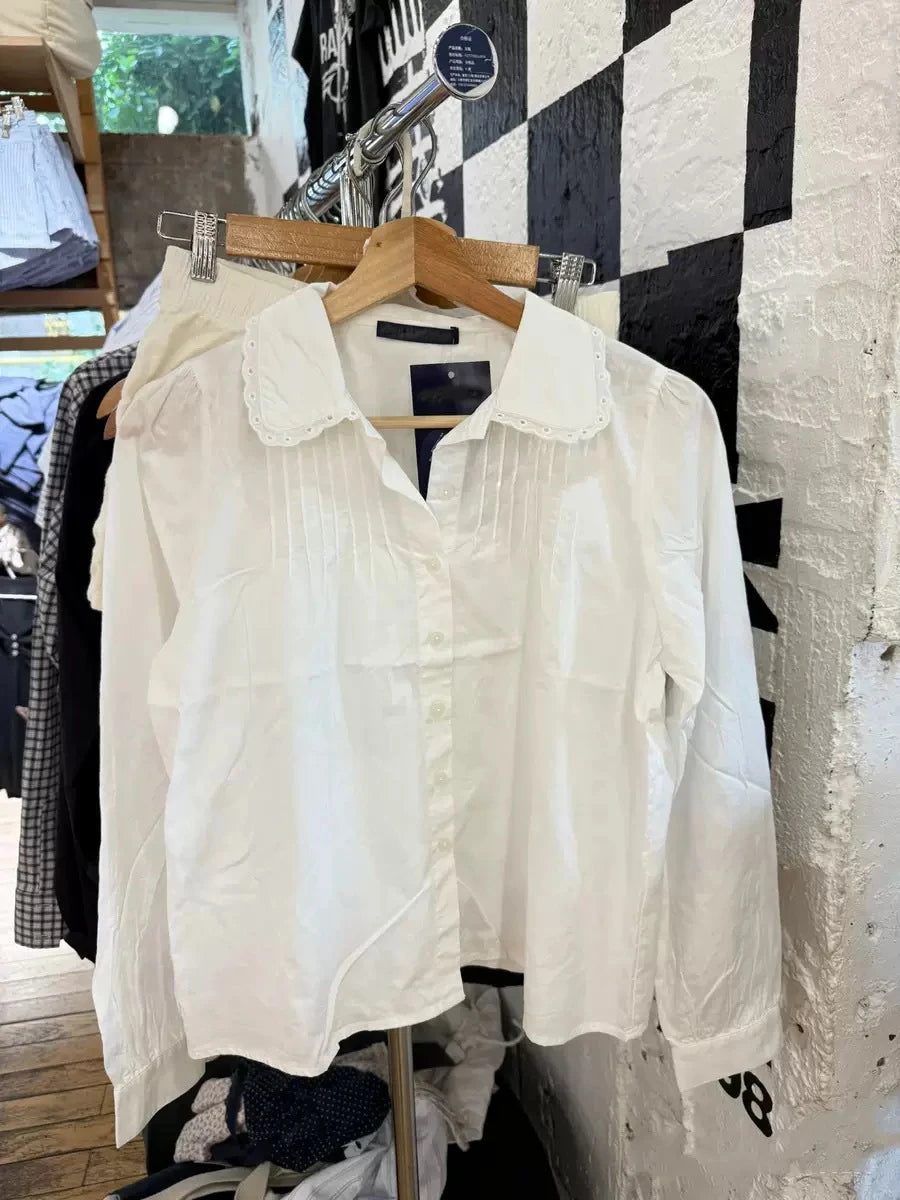 Sweet Lace Trim Collar Buttons Blouse T-shirts Women White Slim Casual Long Sleeve Tees Girls Cute Preppy Style Y2K Crop Tops