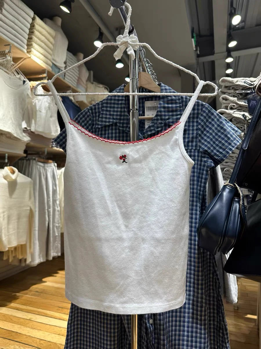 Lace Trim Red Floral Embroidery Crop Top Women White Cotton Slim Sleeveless Camisole Sweet Girls Cute Tank Tops Y2K Clothes New