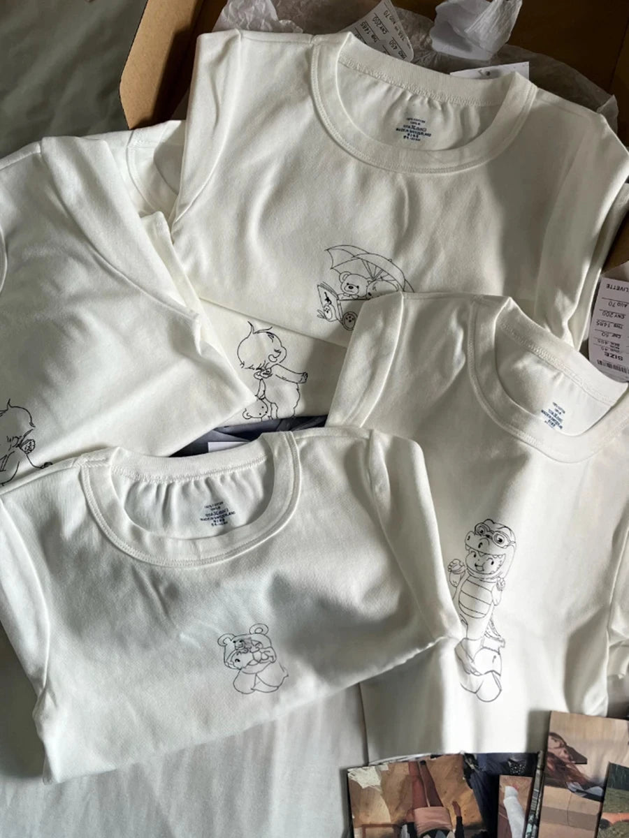 Cute Cartoon Angel Print White Crop Tops Women Casual Simple O-neck Slim Cotton Short Sleeve Tees Female Sweet Vintage Chic Y2K