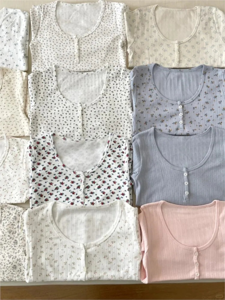 Sweet Eyelet Floral T-shirts Women Summer Casual Cotton Buttons Slim O-neck Short Sleeve Tees Cute Preppy Style Crop Tops Y2K