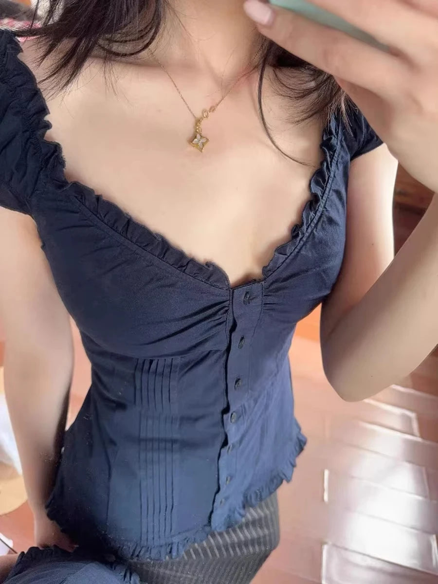 Blue Striped Folds Blouse Top Women New Casual Single Breasted Ruffle Sleeveless Tank Tops Vest Sweet Preppy Style Camisole Y2K