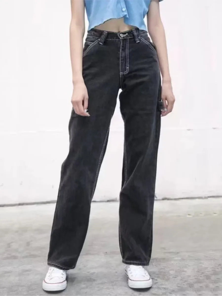 Vintage Buttons Loose Pants Women Summer Casual Low Waist Pockets Straight Long Pant Baggy Streetwear Preppy Style Trousers Y2K