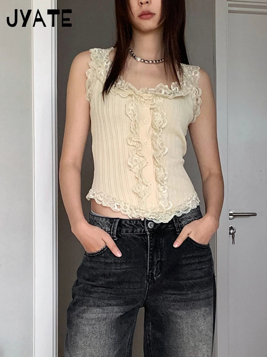 New Lace Trim Square Neck Tank Tops Women Summer Buttons Slim V Hem Cute Sleeveless Cropped Vests Sweet Solid Vintage Camis Y2K