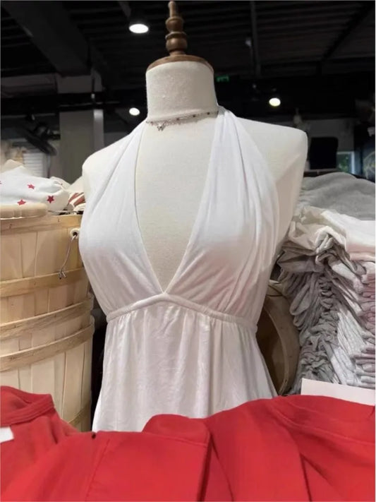 Sweet White Lace-up Halter Slim Crop Top Women Cotton Deep V-neck Backless Sleeveless Vests Vintage Chic Basic Y2K Camisole New