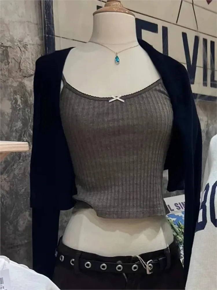 Retro Ribbed Knit Bow Camis Women Summer New Cotton Lace Trim Casual Sleeveless Tank Tops Sweet Vintage Chic Slim Crop Top Y2K