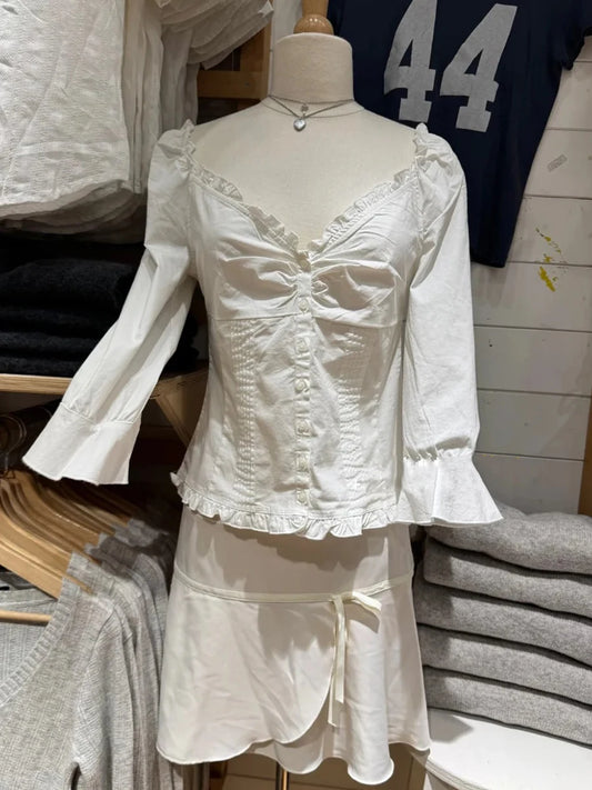 Sweet White Ruffles Button T-Shirt Blouse Women Summer Sexy V-neck Lace Trim Single Breasted  Half Sleeve Tees Simple T-shirts