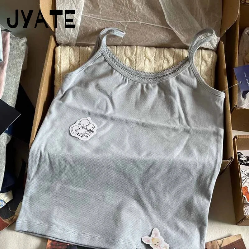 New Sweet Blue Slim Sleeveless Vest Women Summer Cotton Soft Streetwear Basic Lace Trim Tank Tops Vintage Chic Cute T-shirts Y2K