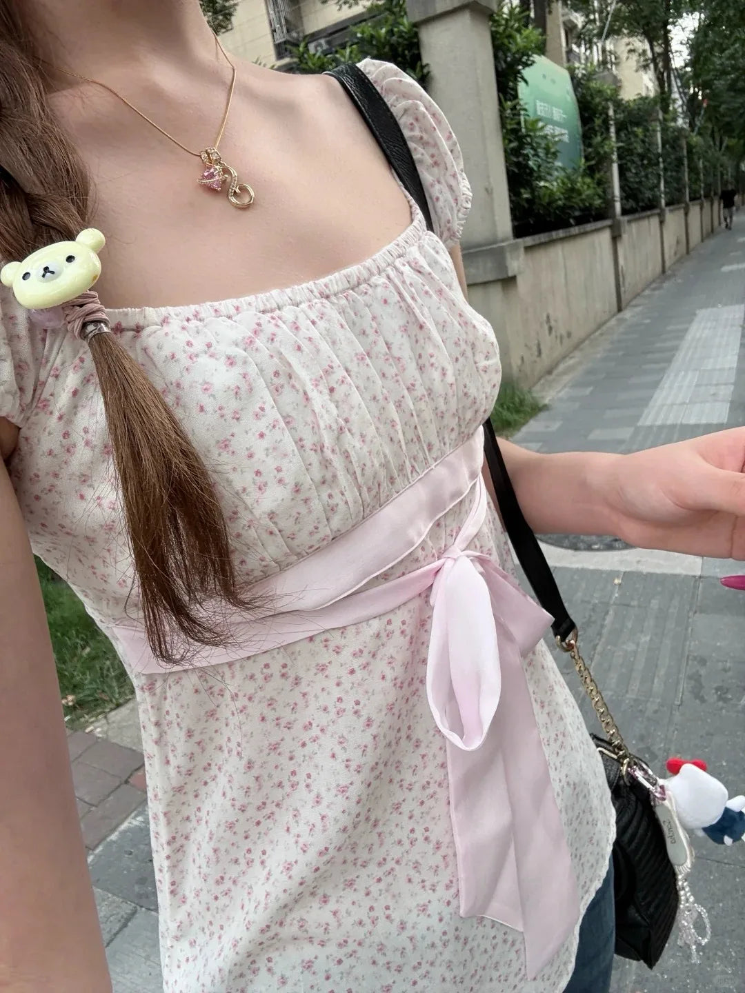 Pink Floral Lace-up T-shirts Women Summer New Casual Slim Square Collar Puffle Tee Tops Female Preppy Style Y2K Sweet Tshirt Top