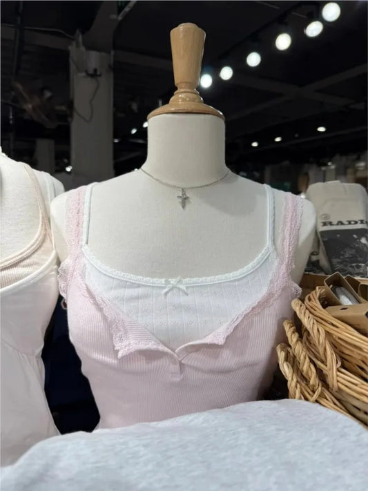 Sweet Pink Lace Trim Ribbed Camisole Women New Casual Cotton Buttons Slim Sleeveless Vest All-match Simple Cropped Tank Tops Y2K
