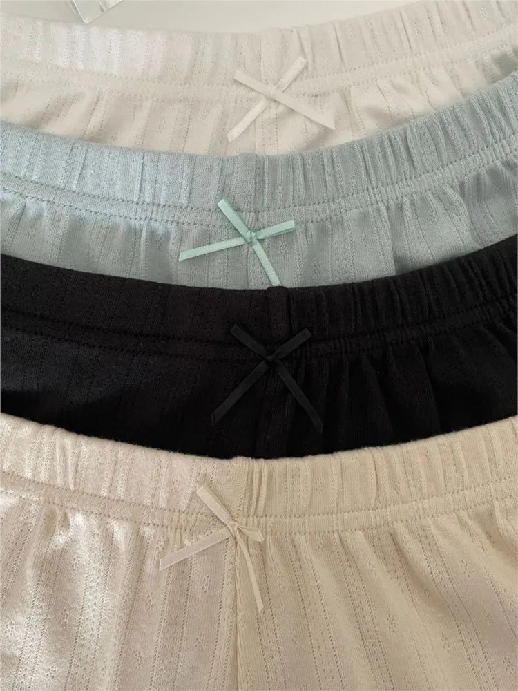 Sweet Eyelet Straight Bow Sweatshorts Women Summer New Elastic Waist Cotton Short Pant Casual Solid Basic Home Pajama Shorts Y2K