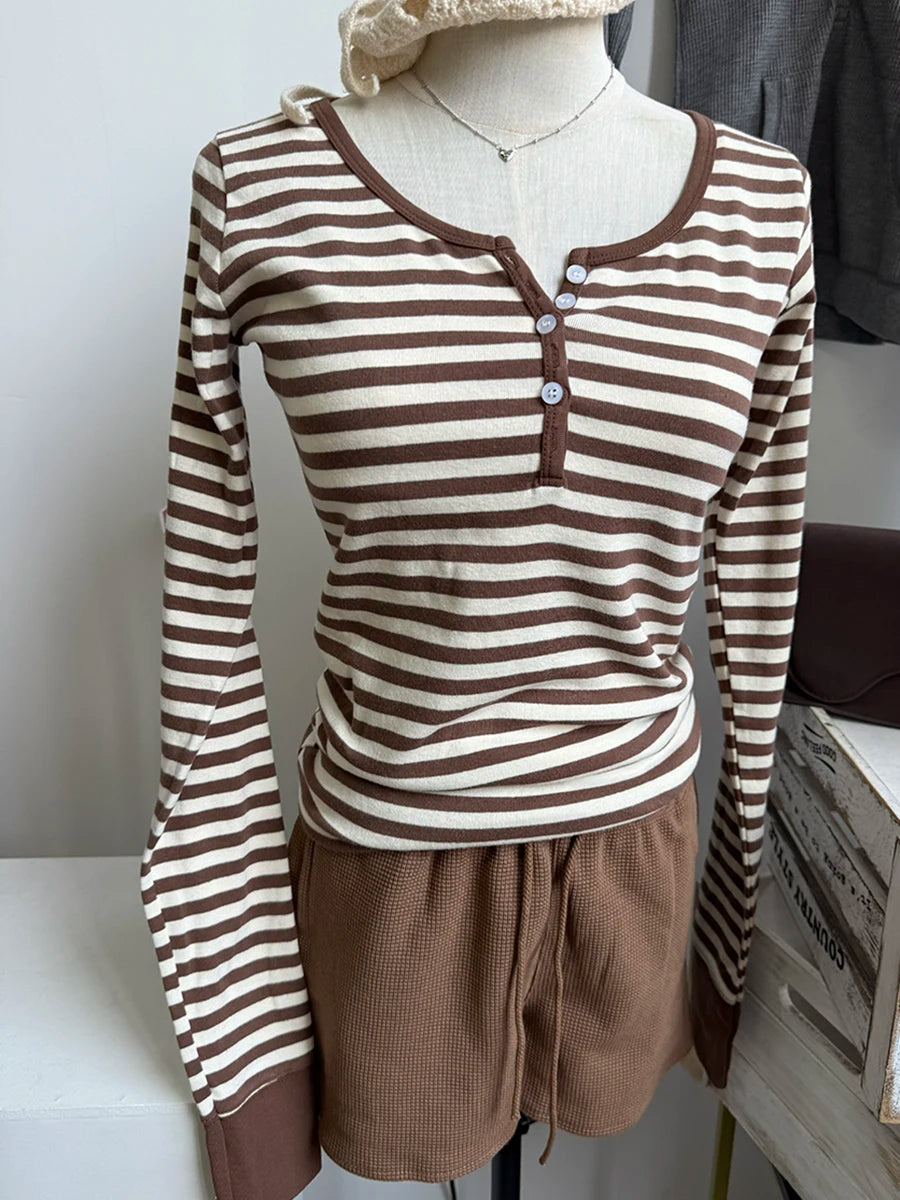 Brown Chic 2 Piece Sets Women Cute Cotton Slim Striped Long Sleeve Tee+Waffle Shorts Pant Female Sweet Cute Two Piece Sets Y2K