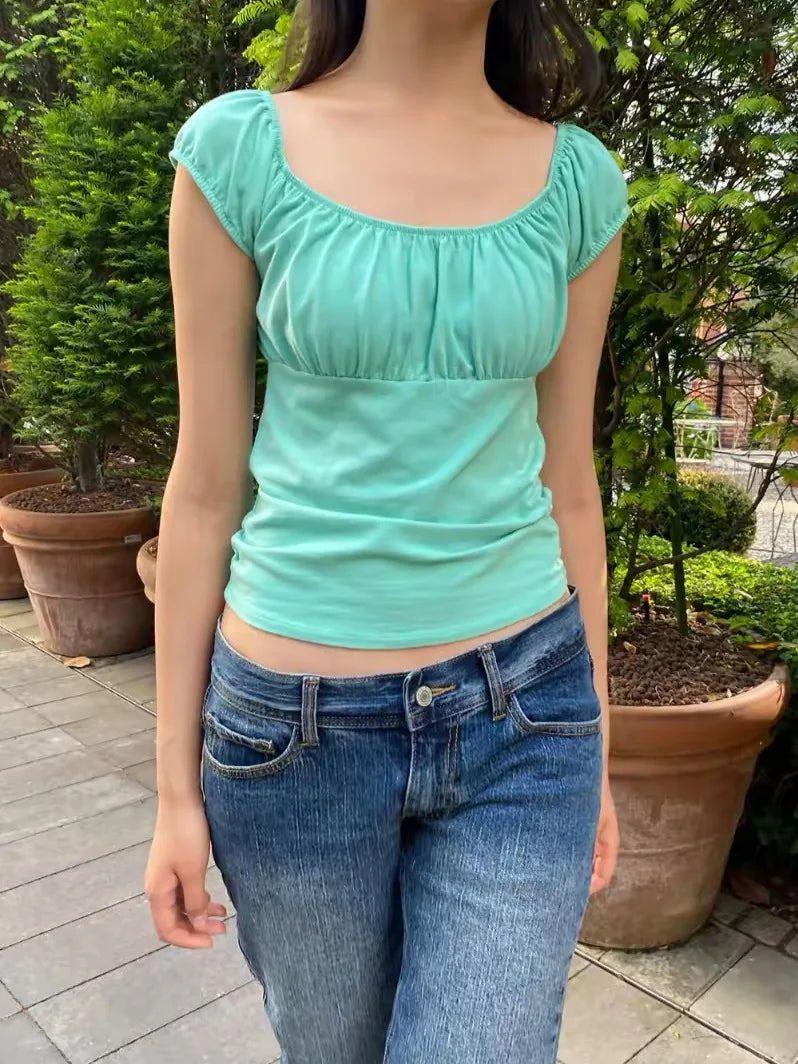 Mint Green Folds Slim T-shirts Women Summer Vintage Square Collar Cotton Puff Sleeve Tees Female Aesthetic Sweet Cute Y2K Tops