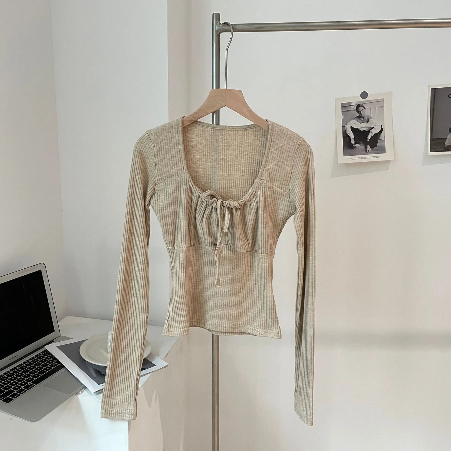 Sweet Lace-up Long Sleeve Tees Women New Casual Slim Solid Scoop Neck Streetwear Top shirt Vintage Preppy Style Cute T-shirt Y2K