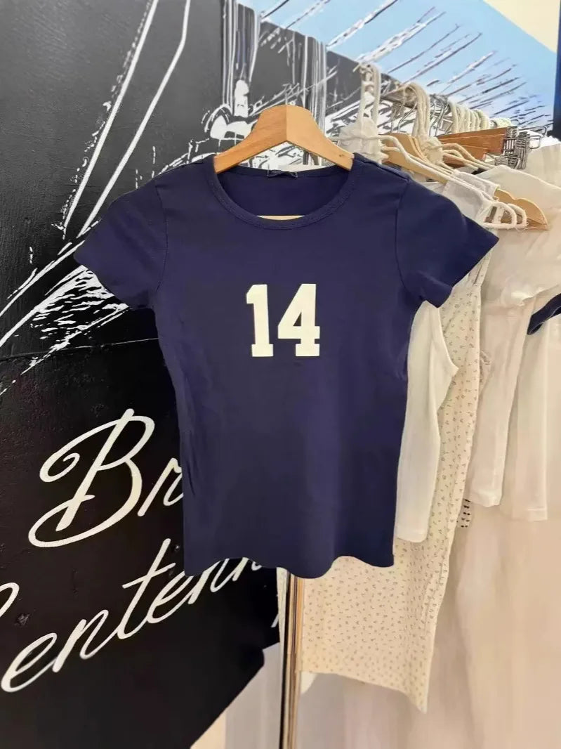 NO.14 Print Slim Navy T-shirts Women New Cotton Casual O-neck Short Sleeve Tees Girl American Vintage Streetwear Tshirt Y2K Tops