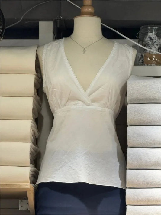 Lace Trim Deep V-neck Tank Tops Women Summer White Cotton Back Lace-up Slim Sleeveless Tees Sexy Sweet Preppy Style Vest Y2K