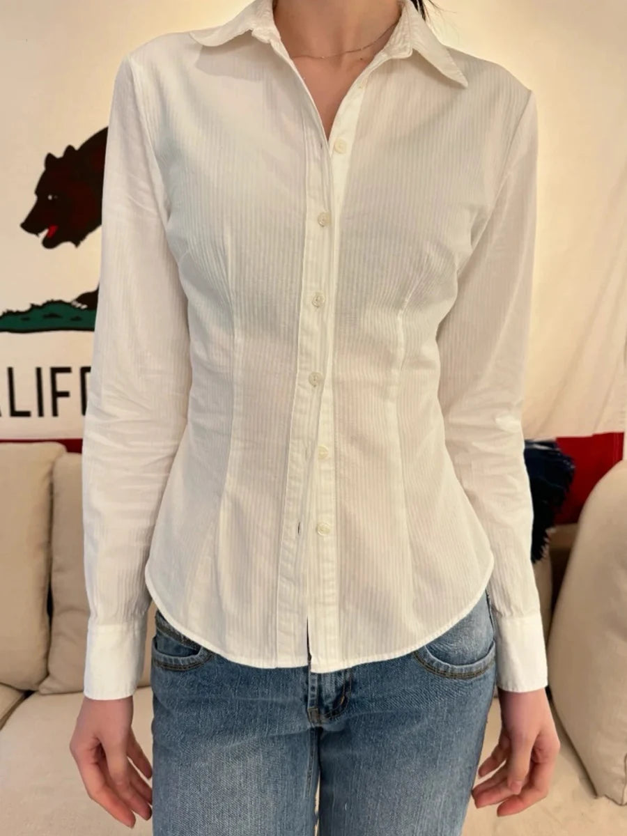 Sweet Solid Buttons Slim Blouse T-shirts Women Casual Turn down Collar Long Sleeve Tee Girls Cute Preppy Style Y2K Crop Tops New