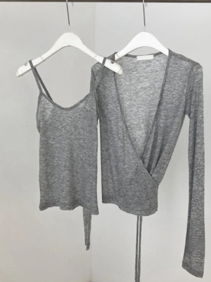 New Sexy Thin Slightly Transparent Two-piece Suit for Women Casual Slim Long Sleeve Cardigan + Suspenders Vintage Sweet Chic Top