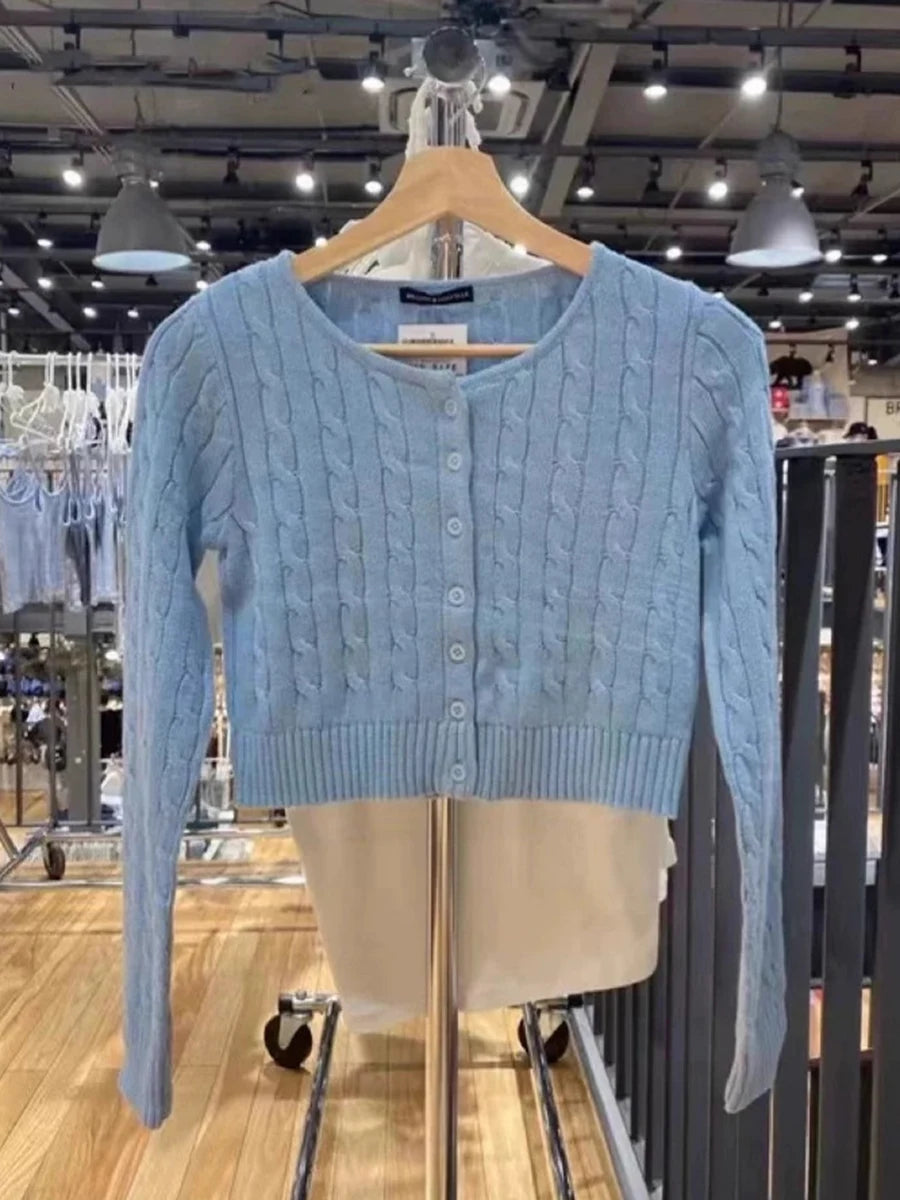 Drak Green O-neck Knit Cardigan Women Spring Cotton Casual Streetwear Slim Cropped Sweaters Vintage Simple Sweet Kniitwear Y2K