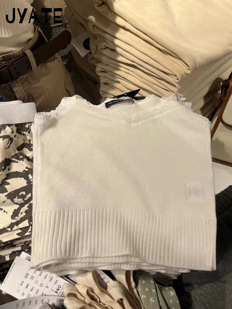 Sweet Lace Trim V-neck Knitted White Camisole Women New Cotton Casual Simple Sleeveless Vests Cute Slim Vintage Cropped Tops Y2K