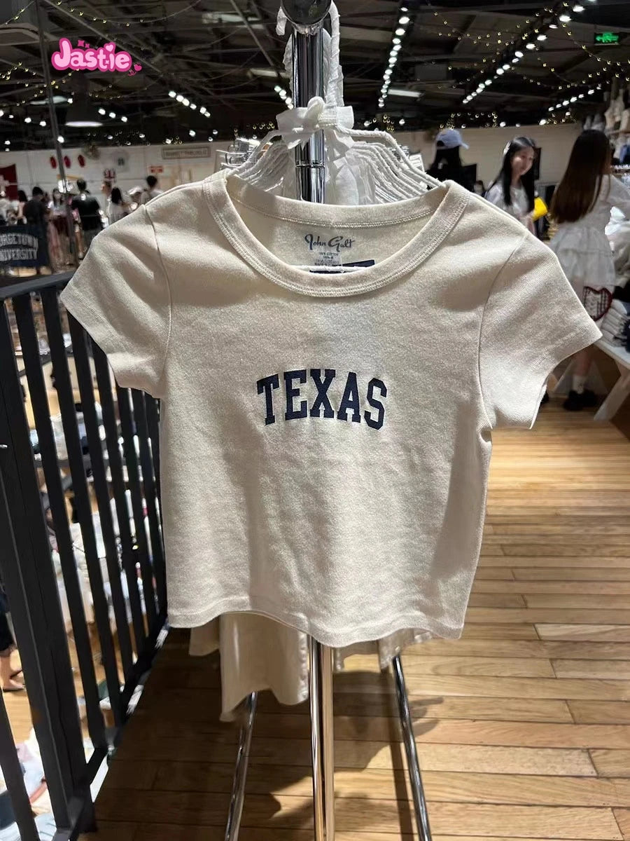 Vintage Letter Graphic Crop Top Women Summer Casual Round Neck Short Sleeve Short T-shirt Female Retro Classic Cotton Tops Chic