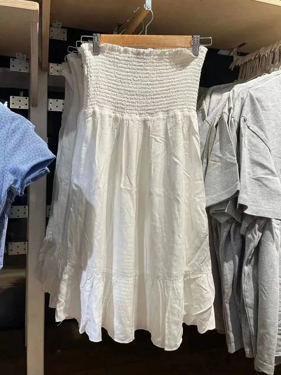 Sweet Ruffles White Folds A-line Dress Women Fit And Flare Elastic Strapless Short Vestidos Female Cute Simple Vintage Dresses