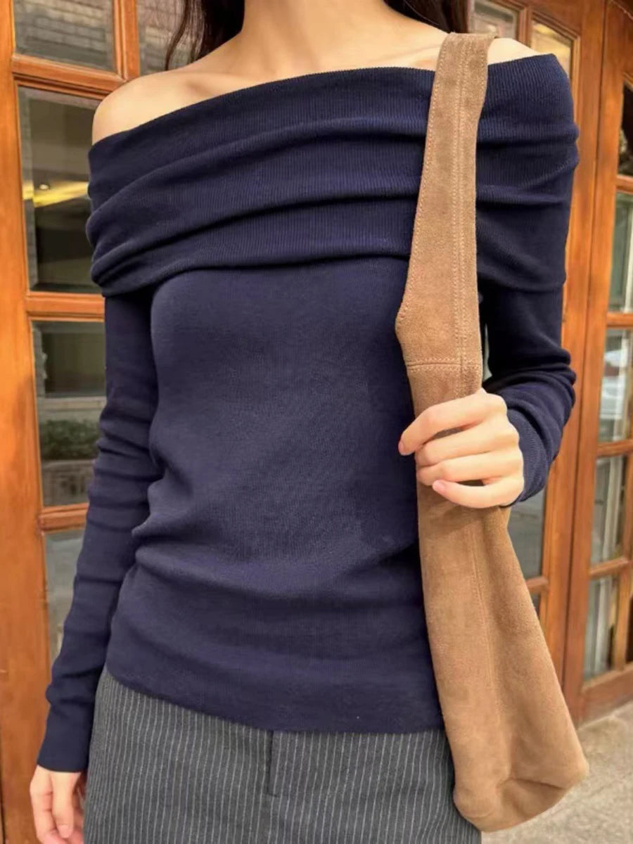 Navy Knit Slim Long Sleeve T-shirts Women New Sexy Slash Neck Simple Casual Cotton Tees Femme Vintage Preppy Style T Shirt Y2K