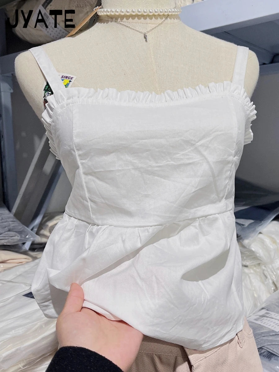 Sweet White Square Neck Camisole Women 2024 Summer New Streetwear Simple Ruffles Sleeveless Vests Cute Preppy Style Tank Top Y2K