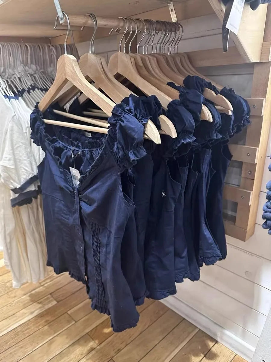Navy Folds BUttons Blouse Top Women New Casual Single Breasted Ruffle Sleeveless Tank Tops Vest Vintage Sweet Preppy Style Camis