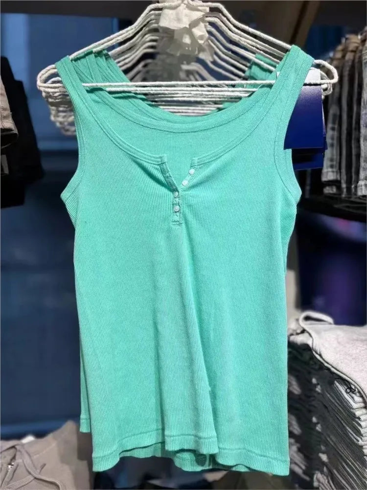 Ribbed Button Tank Tops Women Summer Casual Streetwear Slim Cotton Sleeveless Vests Female Vintage Simple Basic Vest Y2K