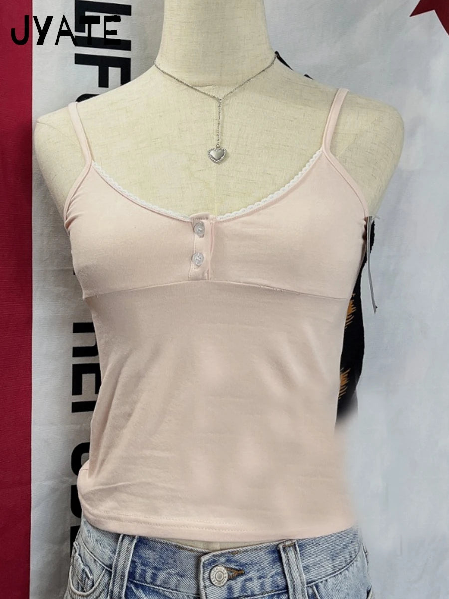 Red Polka Dot Two Button Cotton Tank Top Women New Casual Slim Sexy Lace Trim Cropped Vests Female Vintage Simple Chic Camis Y2K