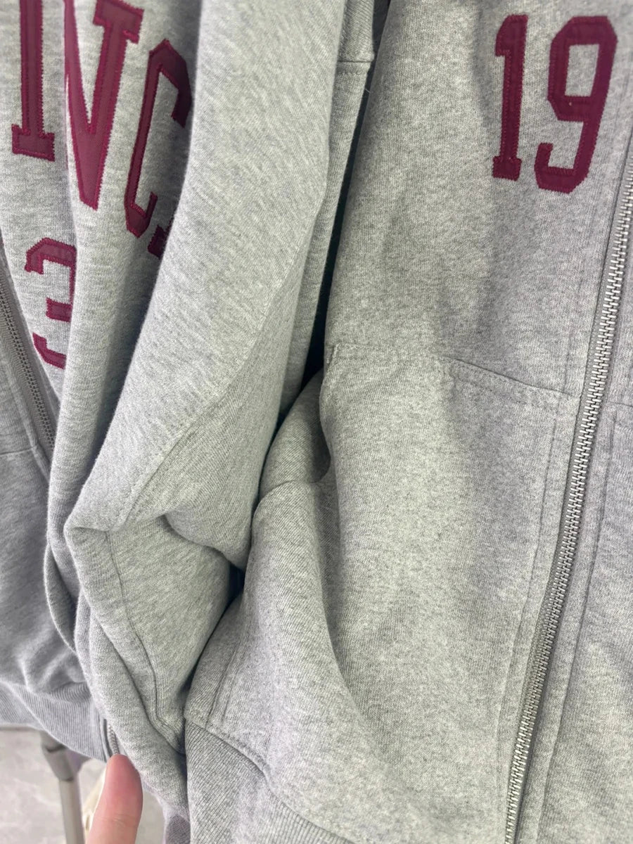 Letter Embroidered Zip-up Hoodies Woman Casual Simple Long Sleeve Oversized Hooded Cotton Sweatshirts Preppy Style Hoodies Tops