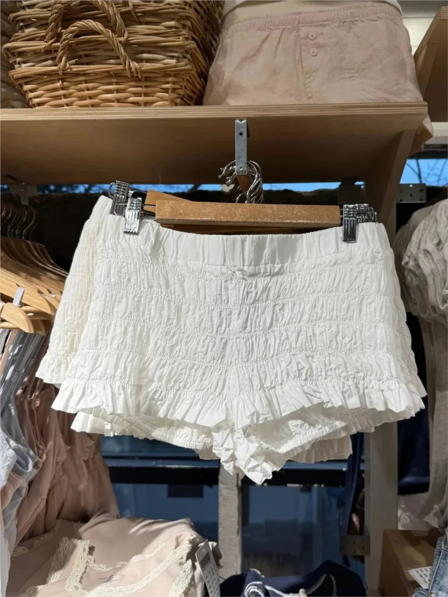 Sweet Folds Ruffles Straight Shorts Women Summer New Bow Elastic Low Waist Short Pants Cute Preppy Style Balletcore Bottoms Y2K