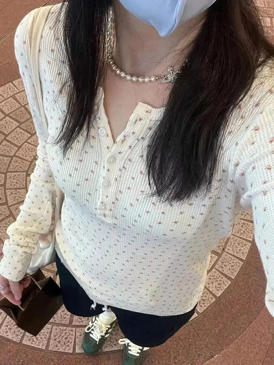 Waffle Floral Print Buttons Long Sleeve Tee Women Autumn Casual Fashion Chic Raw Hem Tops Female Vintage Sweet Cute Y2K T-shirts