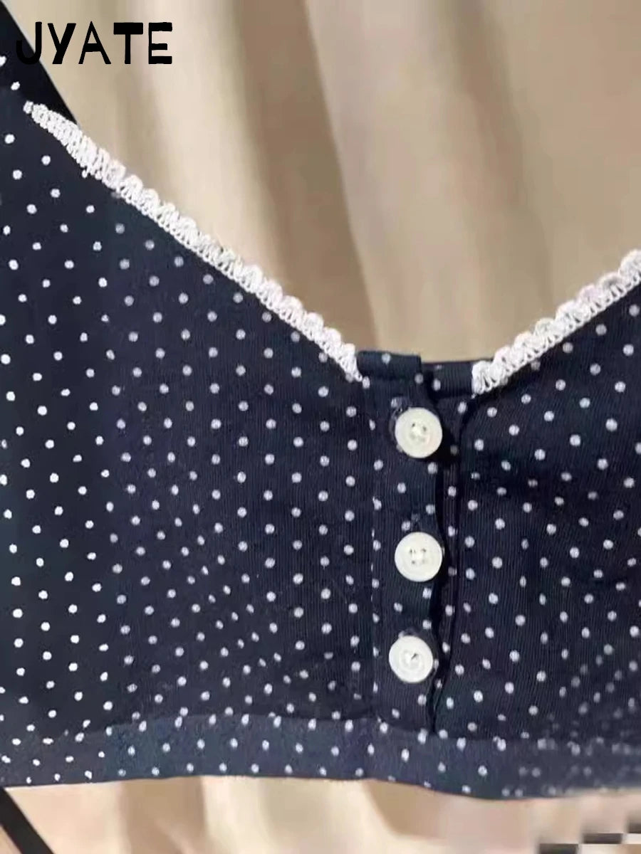 Vintage Polka Dots Print Lace Trim Camis Women 2024 New Cotton Buttons Slim Sexy Sleeveless Vests Harajuku Chic Sweet Tank Tops