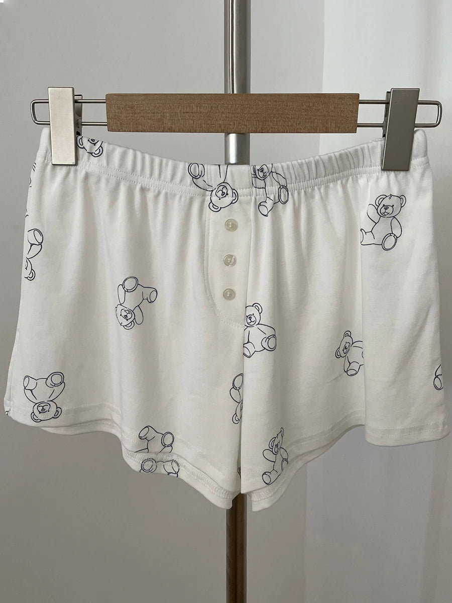 Sweet Eyelet Floral Print Short Pants Women Three Buttons High Waist Straight Home Cozy Underwear Casual Cute Cotton Shorts Y2K