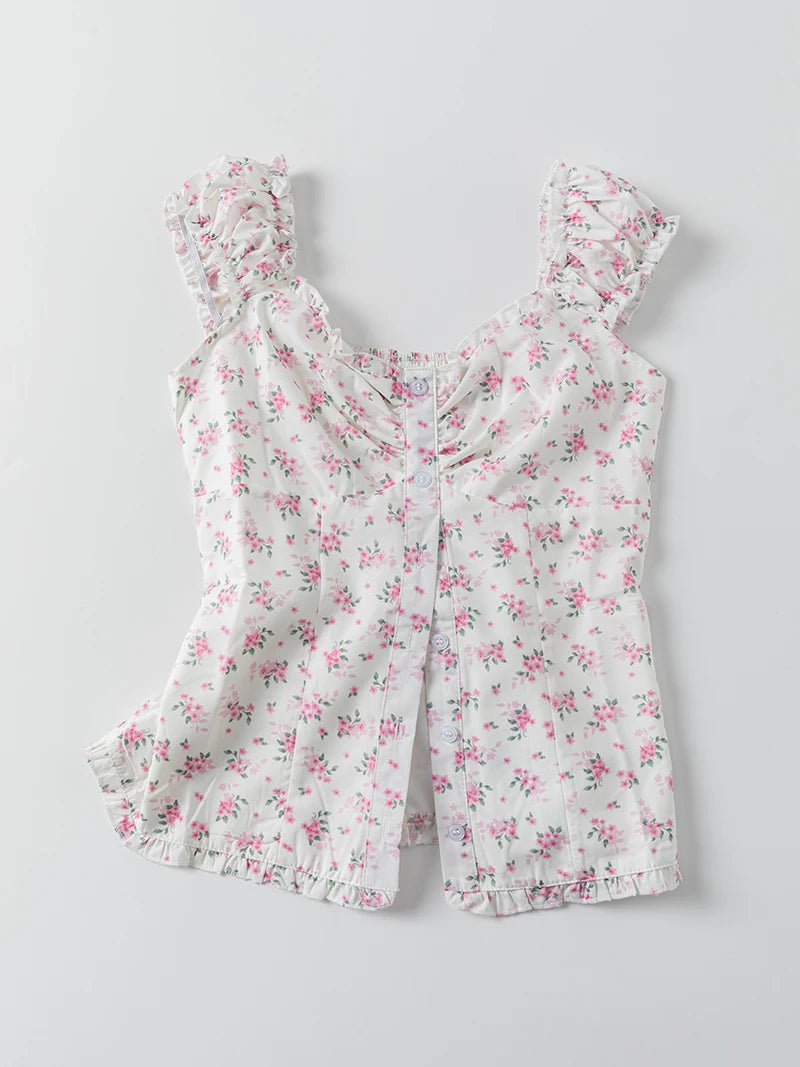 Red Floral Folds Buttons Blouse Vests Women New Casual Single Breasted Ruffle Sleeveless Tank Tops Sweet Cute Elegant Camis OOTD